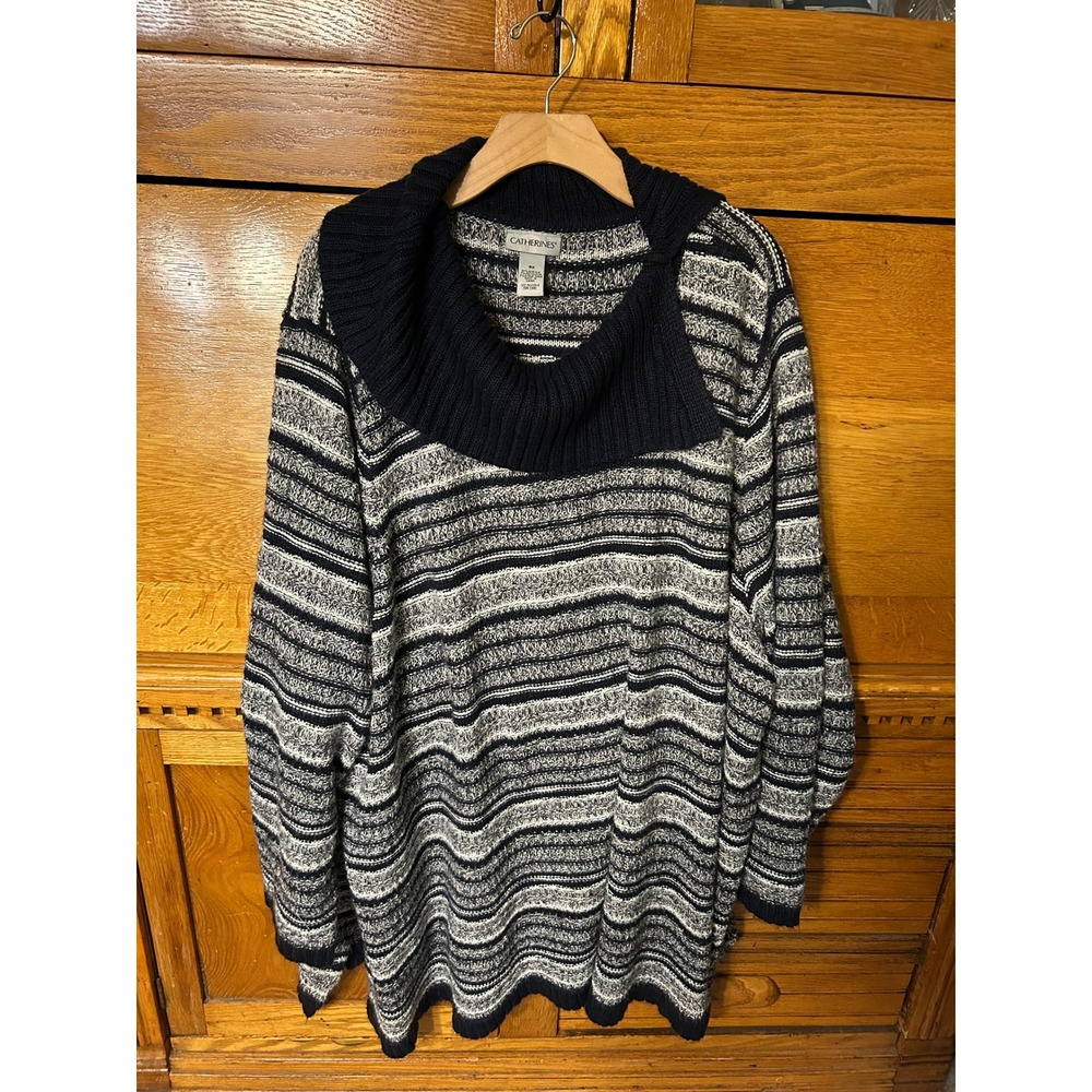 Catherines Navy Blue White Striped Cowl Neck Sweater Plus Size 5X Knit Pullover